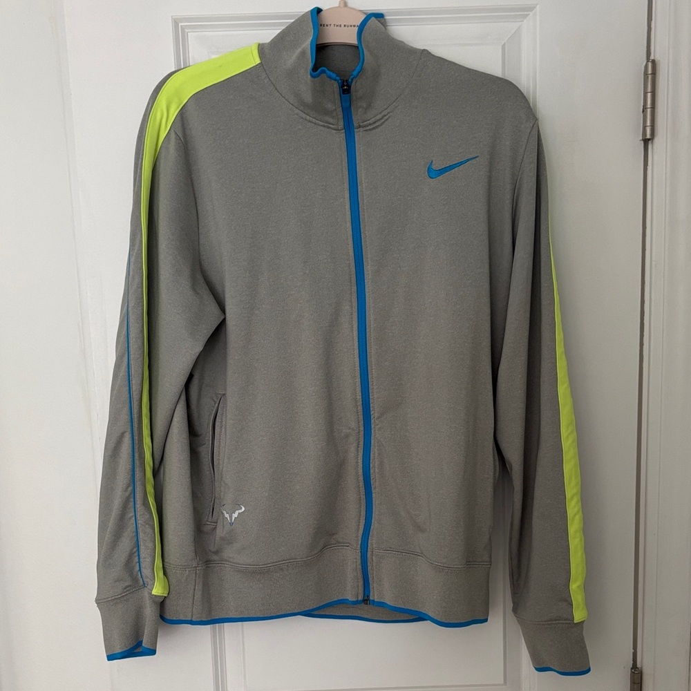 Nike Gray Track Jacket with Neon Yellow and Blue Accents